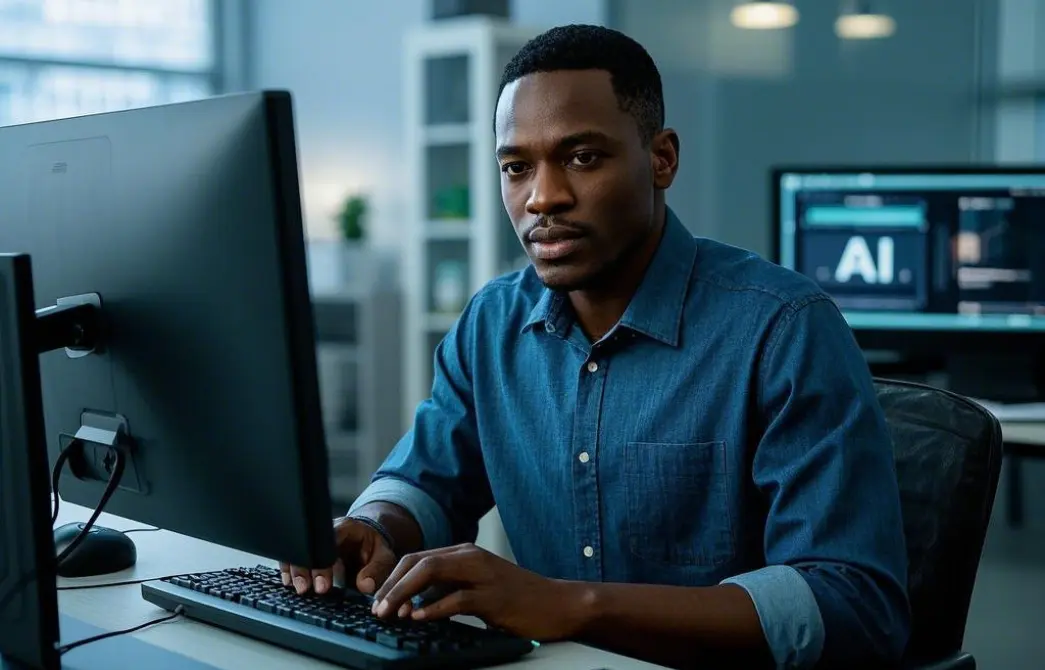 A futuristic hiring manager using ai recruitin tool to review resumes on a holographic screen.