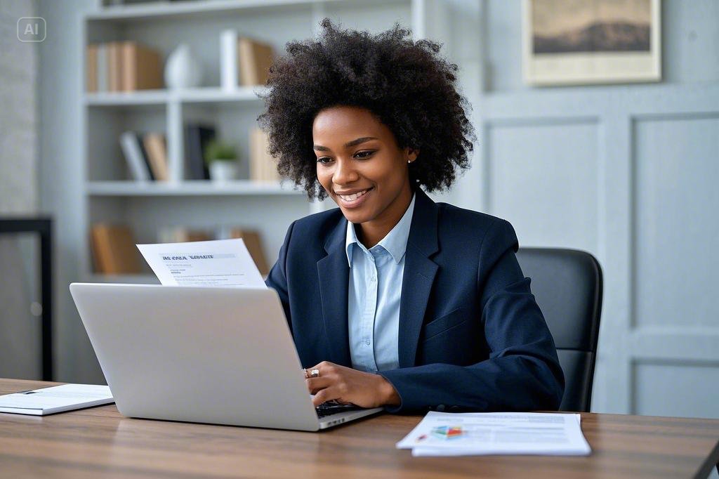 Job seeker confidently reviewing their resume with career success icons like a checklist, job offers, and a lightbulb, symbolizing expert career coaching guidance.