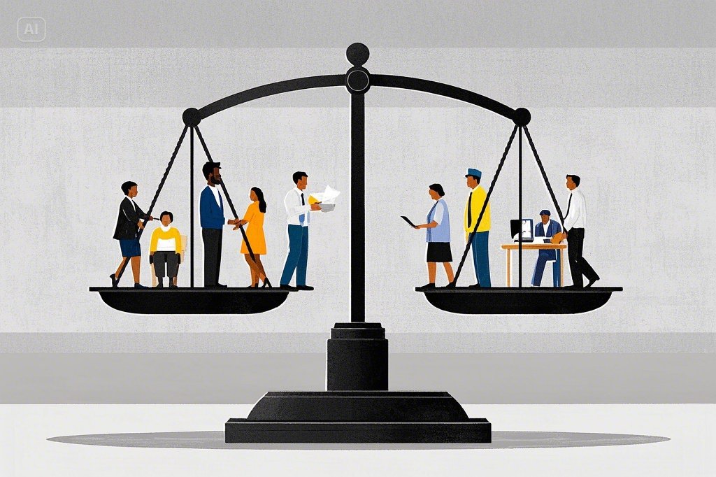 Icons of diverse employees under a balanced scale symbolizing non-discrimination at work