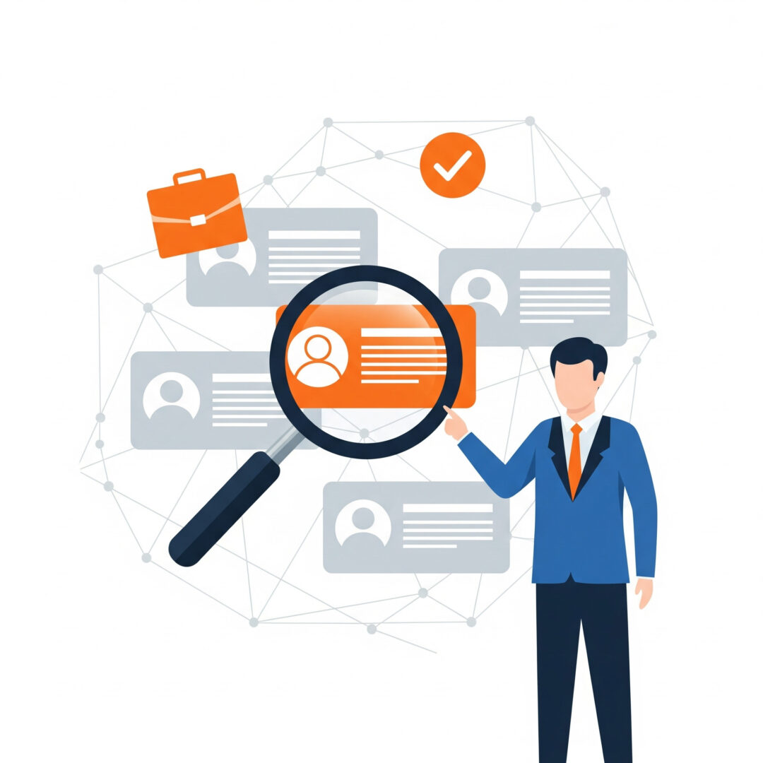 A recruiter figure pointing at the highlighted candidate.