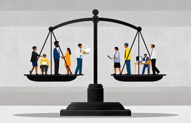 Icons of diverse employees under a balanced scale symbolizing non-discrimination at work