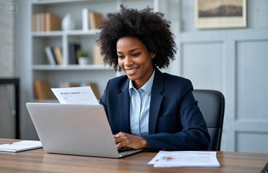 Job seeker confidently reviewing their resume with career success icons like a checklist, job offers, and a lightbulb, symbolizing expert career coaching guidance.